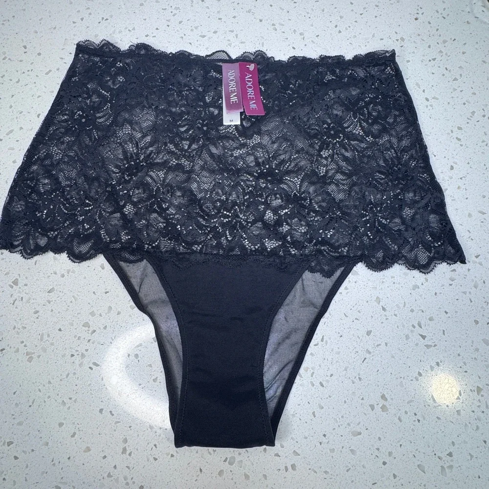 Adore‎ Me Womens Jet Black Floral Lace High Waisted Panties Briefs NWT Medium